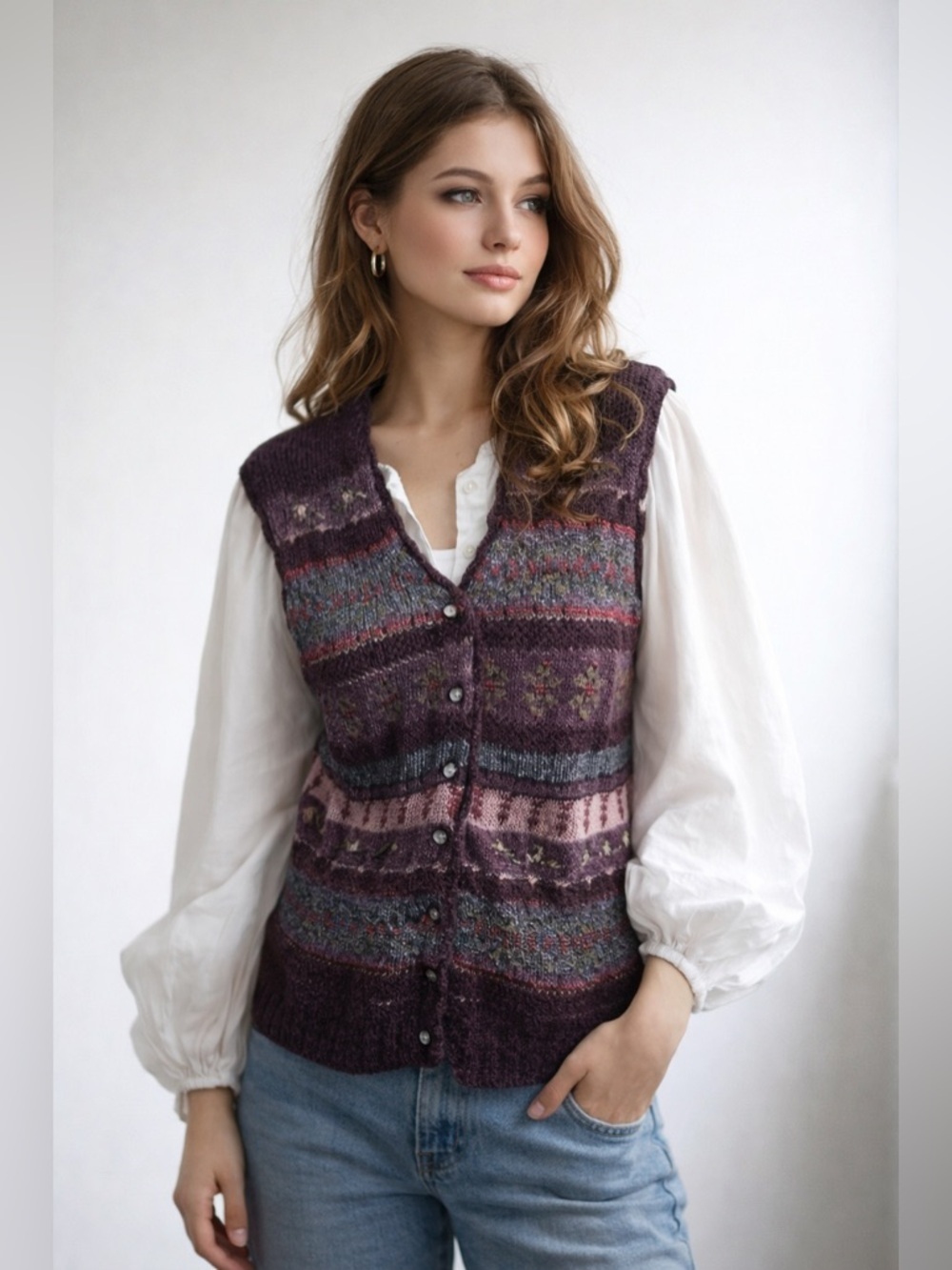 Hand Embroidered Ivy Knit Vest Purple Fair Isle Ramie Rayon Cottagecore Boho L